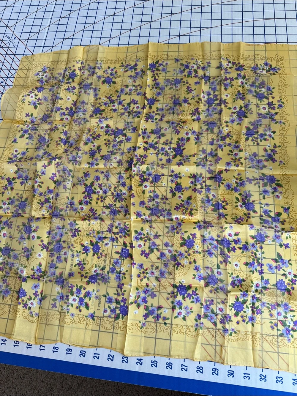 Vintage Mitsukoshi 100% Silk Floral Scarf Yellow Purple Japanese Square 26.5”